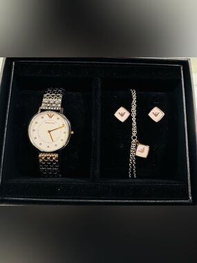 Emporio Armani Silver and White Watch with Matching Jewelry Set